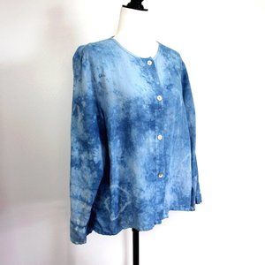 Vintage Denim Blue Tie Dye Linen Blouse, RUSS BERENS Malibu, Made in USA